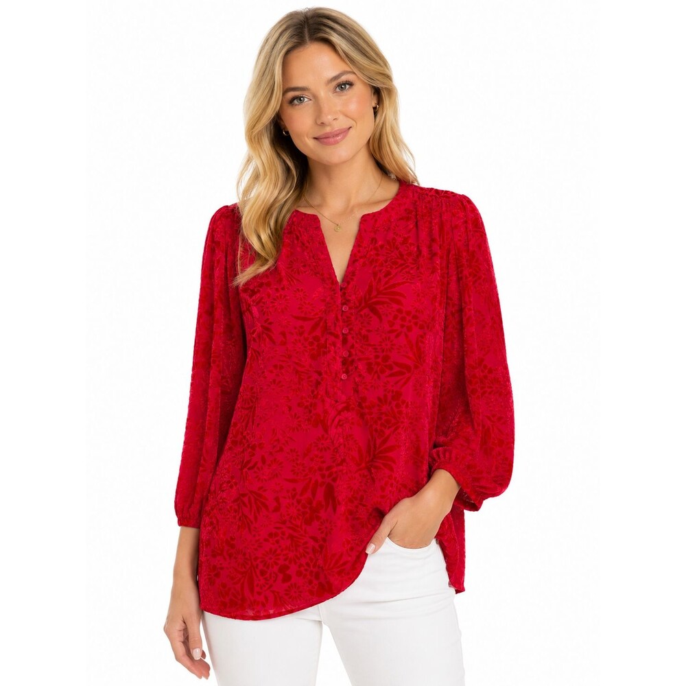 Coldwater Creek Red Velvet Burnout Top Size 2x Floral Print Popover Blouse